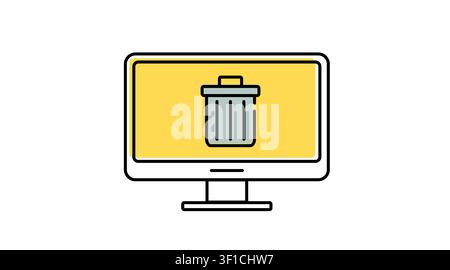 Desktop computer trash can icon: PC workstation displaying recycle bin and file delete symbol on screen, modern offset color line art vector illustrat Stock Vector