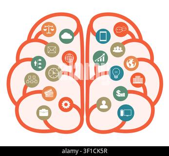 Brain with business icons, brainstorming. Stock Vector