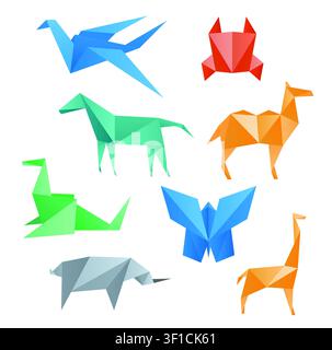Paper animals, crane, horse, camel, crab, dragon, rhino, giraffe, butterfly, origami style. Stock Vector