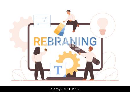 Creative team updates brand identity on screen with typography, pencil, gears and idea icon for marketing redesign strategy, isolated on white background vector illustration Stock Vector