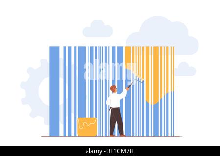 Designer repainting barcode stripes to express rebrand advertising identity, with paint roller, bucket, clouds and gear elements, isolated on white background vector illustration Stock Vector