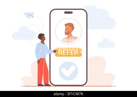 Black man taps refer button on smartphone screen to invite a friend, showing mobile referral bonus concept with contact sharing, approval icon, isolated on white background vector illustration Stock Vector