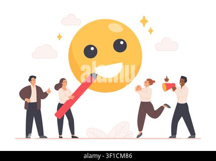 Team of diverse people creating a cheerful smiley face with a giant pencil, celebrating positivity, teamwork and happiness in a playful flat design isolated on white background vector illustration Stock Vector