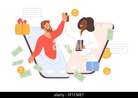 Two friends celebrate referral rewards through smartphones with cash, gifts and chat bubbles, showing mobile app invitation bonuses and customer loyalty isolated on white vector illustration Stock Vector