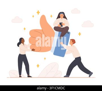 People support a giant thumbs up with smartphone, showing positive feedback, approval, rating and customer satisfaction in a modern flat design isolated on white background vector illustration Stock Vector