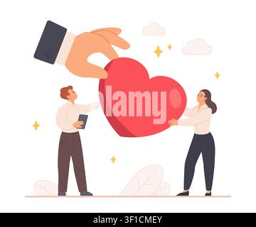 Large hand places a red heart above two people with smartphones, showing social media likes, positive feedback, support and online engagement isolated on white background vector illustration Stock Vector