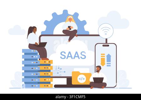 People using SaaS cloud platform with server racks, mobile app, coding folder and wireless connection for business software hosting, storage, teamwork isolated on white background vector illustration Stock Vector