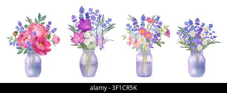 Lavender watercolor bouquets in glass vases. Flower bunch with leaves, purple Provence botanical plants. Summer field. Colorful wildflowers and peonies, elegant natural decoration. Vector isolated set Stock Vector