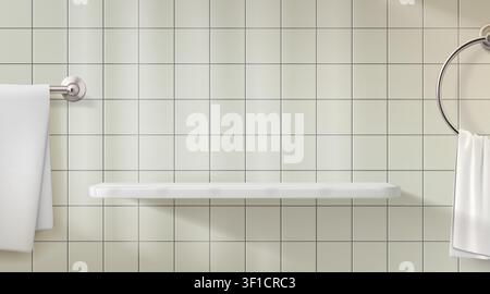 Tile shelf. Kitchen product podium, white marble wall stand or platform in studio. Shelves or stage showcase with shadow. Towel holders and empty wall shelfs for organized cosmetics. Vector background Stock Vector