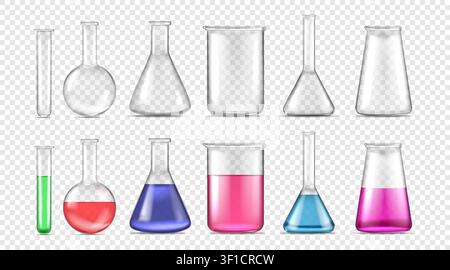 Lab tube. Test flask, 3d science beaker or chemistry glass bottle. Glassware erlenmeyer equipment, medical experiment. Empty and full of liquid laboratory fluid. Vector realistic isolated elements set Stock Vector