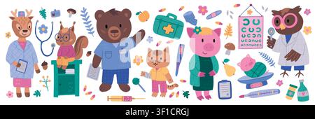 Animal kids. Cute doctor character in hospital, pediatric ambulance or medical nurse pill. Pediatrician tool. Veterinary healthcare mascot, diagnosis and treatment vector cartoon isolated illustration Stock Vector