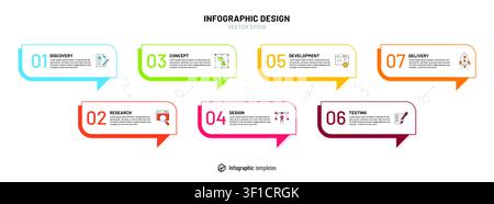 7 infograph elements. Horizontal numbers template, timeline info graphic. Speech bubble steps project process timeline for business progress visualization presentation vector isolated illustration Stock Vector