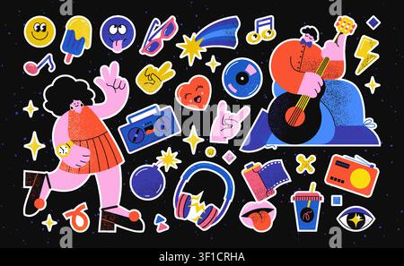 Retro stickers. 90s music party, funky happy doodle flower or vintage cute cartoon face. 80s girl smile colorful groovy emoji. Contemporary teenagers entertainment. Vector Y2K hippy isolated icons set Stock Vector