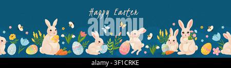 Happy easter. Cute bunny egg background, blue rabbit banner with floral typography or spring holiday botanical decoration. Festive banner design, vector design cartoon flat style isolated illustration Stock Vector