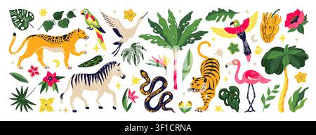 Tropic animals. Palm plant leaves, funky leopard pattern or retro African toucan print. Trendy summer jungle nature elements for design. Cartoon flat style isolated illustration. Vector graphic set Stock Vector