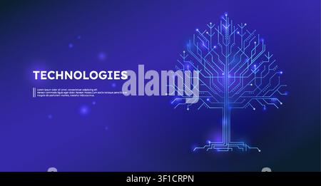Electronic tree. Circuit growth background, abstract futuristic world as organic future recycling board, digital innovation technology background with glowing lines. Banner design. Vector concept Stock Vector
