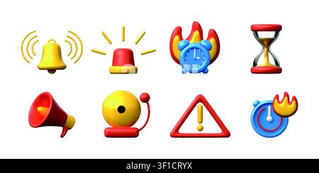 3d alarm clock. Time in fire icon, timer in hot red flame or price expression. Plastic fast speed promotion. Management notification symbols. Vector alert pictogram, render isolated elements set Stock Vector