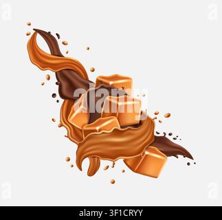 Realistic caramel. Sweet cubes in liquid motion, swirl splash, cream waves, melting milk drink, delicious melted topping drops, toffee confectionery, 3d isolated element. Vector candy illustration Stock Vector