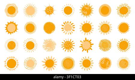 Sun icons. Doodle yellow sunshine symbol. Hand drawn elements. Spring or summer weather sign. Sunny emoji. Logotype or emblem monochrome simple design. Vector cartoon flat style isolated illustration Stock Vector