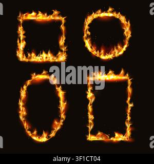 Square fire flame. Circle hell icon, rectangle devil smoke or hot fiery light oval element. Magic bonfire ignite. Burning luminous round borders, vector isolated realistic templates with copy space Stock Vector