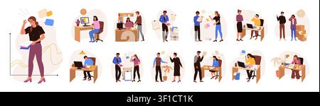 Busy work. Stress in office. Business people everyday corporate deadline, productivity task, arguing with college, yelling boss, employees paperwork. Vector cartoon flat style isolated illustration Stock Vector