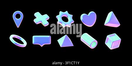 3d holographic icons. Glass star pastel hologram elements, blue heart or circle coin with metal bubble iridescent effect. Modern interface elements and abstract UI design vector render isolated set Stock Vector