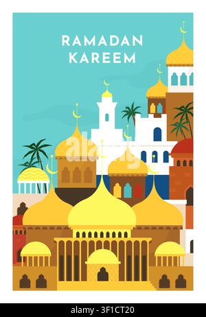 Desert heritage building. Ramadan greeting card. Mosque skyline minarets, crescents and palm trees. Holiday celebration and traditional architecture. Vector cartoon flat style isolated illustration Stock Vector
