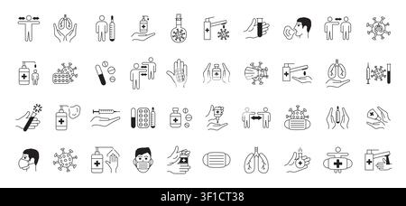Medical prevention icon set. Line symbols hygiene, masks or respirator on face, vaccination immunity healthcare supplies. Doctor treatment. Sanitizer, soap bottle. Vector outline isolated illustration Stock Vector
