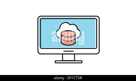 Desktop computer cloud database icon: PC workstation displaying cloud storage and database server symbol on screen, modern offset color line art vecto Stock Vector