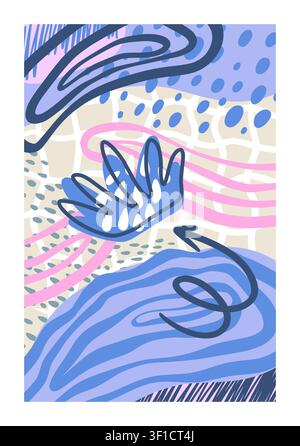 Funky memphis art. Abstract leaf pattern, vertical poster. Blue organic shapes, brush strokes, contemporary graphic design and background decoration, trendy hand drawn wallpaper. Vector illustration Stock Vector