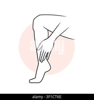 Leg pain outline drawing. Minimal line person, hand holding leg, epilation, hair removal and body skincare symbol, beauty and wellness concept. Vector outline isolated cosmetology minimal illustration Stock Vector