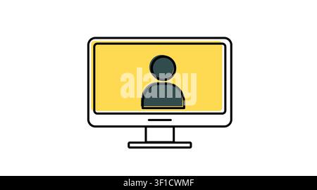 Desktop computer user group icon: PC workstation displaying team profile and community symbol on screen, modern offset color line art vector illustrat Stock Vector