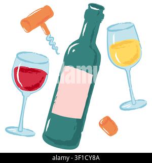 Vector grunge watercolor wine set with bottle, glasses of red and white wine, corkscrew and cork isolated on white background. Creative design element Stock Vector