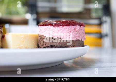 Assorted cheesecake slices paired with fresh espresso coffee close-up Stock Photo