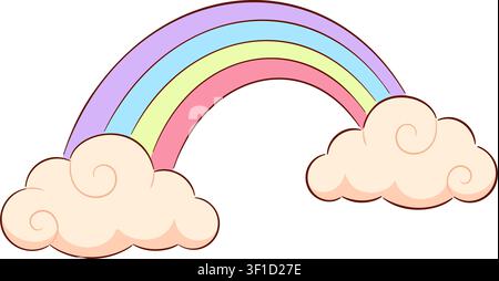 Colorful pastel rainbow arch with fluffy pink clouds. Hand drawn flat style isolated. For stickers, nursery decor, children apparel, birthday invitati Stock Vector