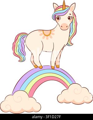 Cute baby unicorn standing on colorful pastel rainbow with fluffy pink clouds. Hand drawn flat style isolated. For stickers, nursery decor, children apparel, birthday invitations, posters, greeting cards. Stock Vector