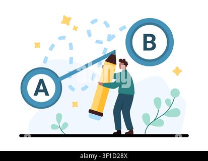 Person draws a direct route from point A to point B with a large pencil, showing shortcut, simple navigation, efficient planning, and smart problem solving vector illustration Stock Vector