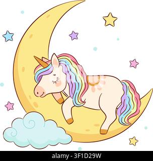 Cute unicorn sleeping on yellow crescent moon with pastel stars and cloud. Hand drawn flat style. For stickers, nursery decor, children apparel, poste Stock Vector