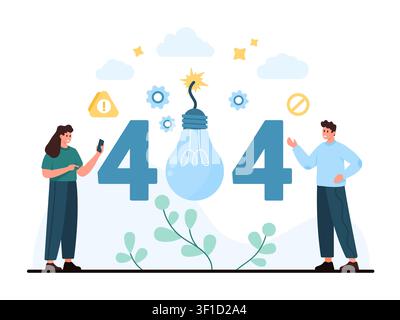 Modern error 404 page not found concept with broken light bulb, warning icons and people beside large numbers, isolated on white background vector illustration Stock Vector