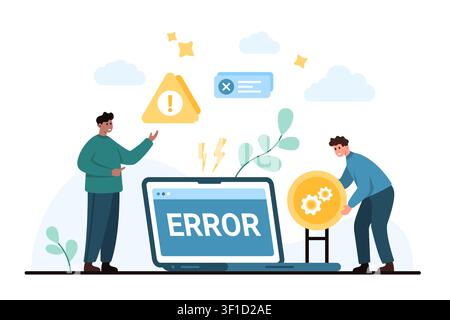 People fixing computer error with warning sign, system failure message and gear settings, showing bug, troubleshooting, repair support and tech issue isolated on white background vector illustration Stock Vector