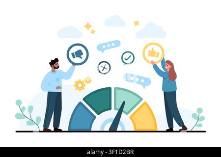 Man and woman compare negative and positive customer reviews around a satisfaction gauge with chat bubbles, check mark, thumbs icons, isolated on white background vector illustration Stock Vector