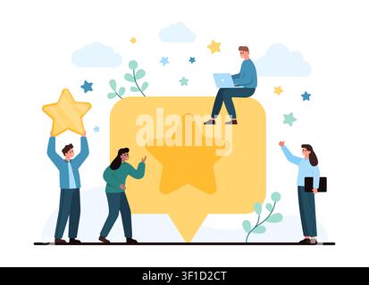 People interact with a large review bubble and star icons, showing customer feedback, online rating, testimonial, satisfaction, social media evaluation isolated on white vector illustration Stock Vector