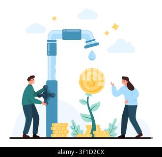 People watering a coin flower with faucet and stacked gold coins, showing financial growth, savings, investment success, passive income, isolated on white background vector illustration Stock Vector