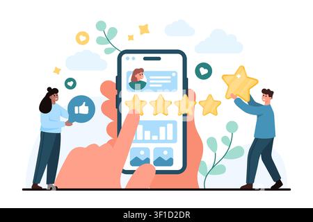 People leave likes and star ratings on a smartphone review screen with social media icons, user profile, and analytics dashboard, isolated on white background vector illustration Stock Vector