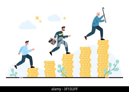 Young adult, worker and senior man climb rising coin stacks to show income versus age, career progression, earnings growth, retirement savings concept isolated on white background vector illustration Stock Vector