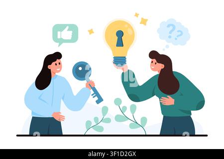 Two women explore an idea solution concept with key and glowing lightbulb, showing problem solving, creativity, approval, and questions isolated on white background vector illustration Stock Vector