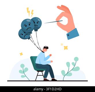 Person burdened by sad thought balloons receives support from a helping hand, showing therapy, counseling, emotional relief and mental health care isolated on white background vector illustration Stock Vector