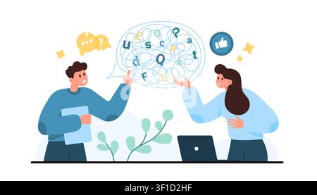 Teacher and student discuss confused letters, reading difficulties during learning disorder session, showing speech therapy, education support, classroom guidance isolated on white vector illustration Stock Vector