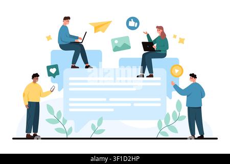 People using laptops and smartphone around large chat bubbles with paper plane, like icon, image post and play button, isolated on white background vector illustration Stock Vector