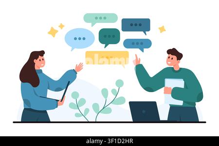 Woman and man discussing ideas with colorful chat bubbles, laptop and tablet in a modern teamwork scene about messaging, collaboration and office communication isolated on white vector illustration Stock Vector